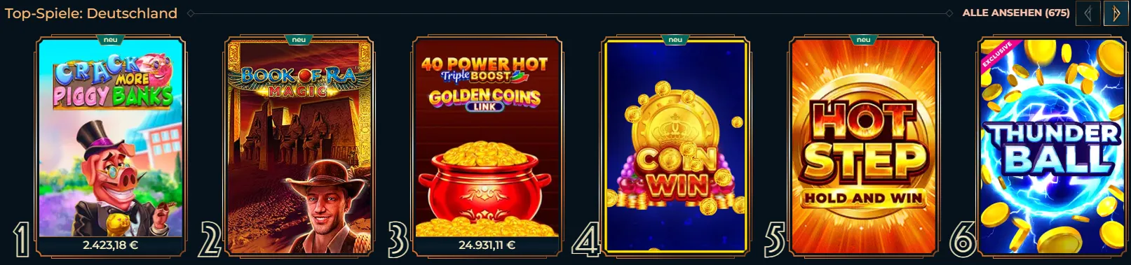 Verfügbares Spielangebot in der mobilen Variante